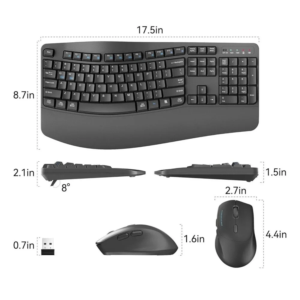 Wireless Keyboard and Mouse Combo,2.4G Full Size Wave Keys Ergonomic Keyboard